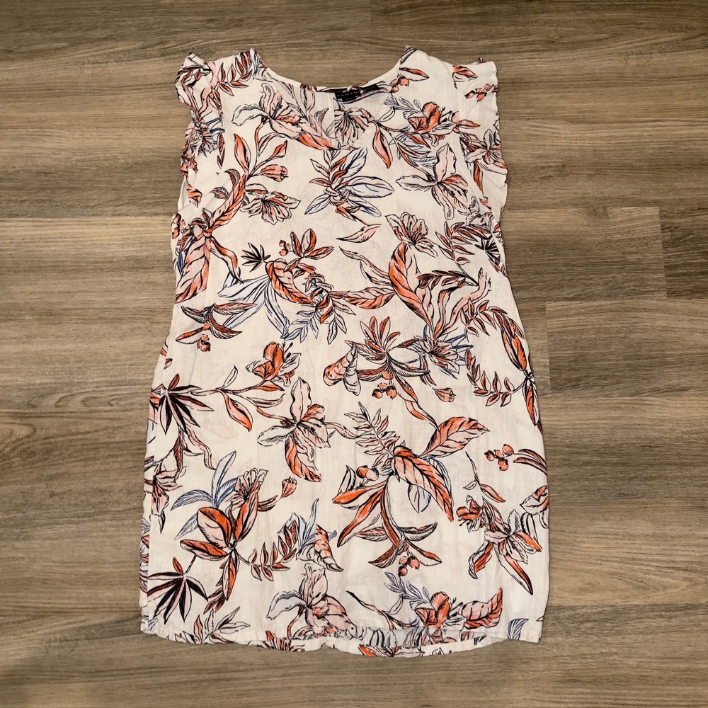 Tahari Linen Floral Shift Dress XL Cap Sleeve V Neck Lightweight Summer